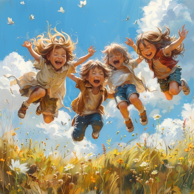 a painting of children jumping in the air with butterflies in the sky