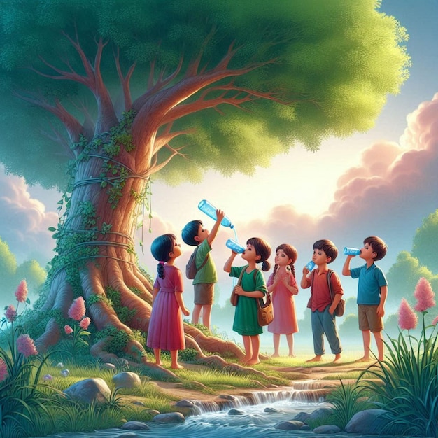 a painting of children looking at a waterfall with a sign that says the word on it