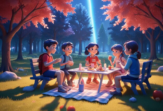 a painting of children and a man sitting at a picnic table with a tree in the background