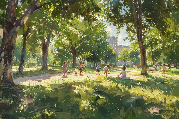 a painting of children playing in a park with trees and grass