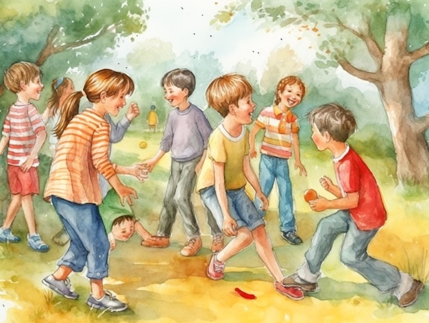 A painting of children playing in a park with a yellow ball and a boy wearing a red shirt