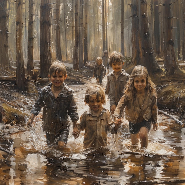 a painting of children playing in a puddle with the words  the word  on it