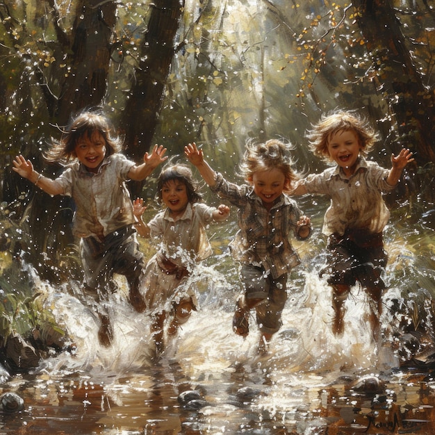 a painting of children playing in the water with their arms out