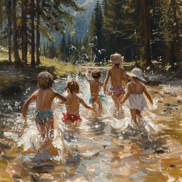 a painting of children playing in the water with trees in the background