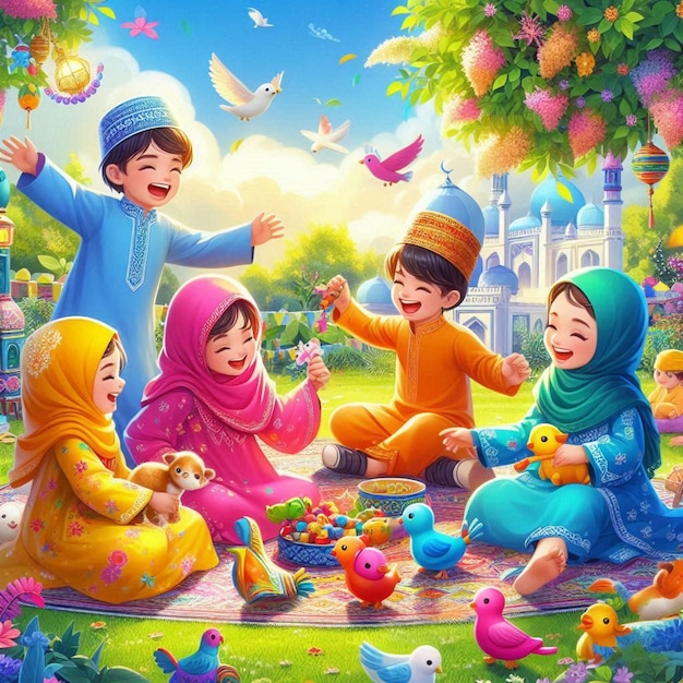 a painting of children playing with a group of children