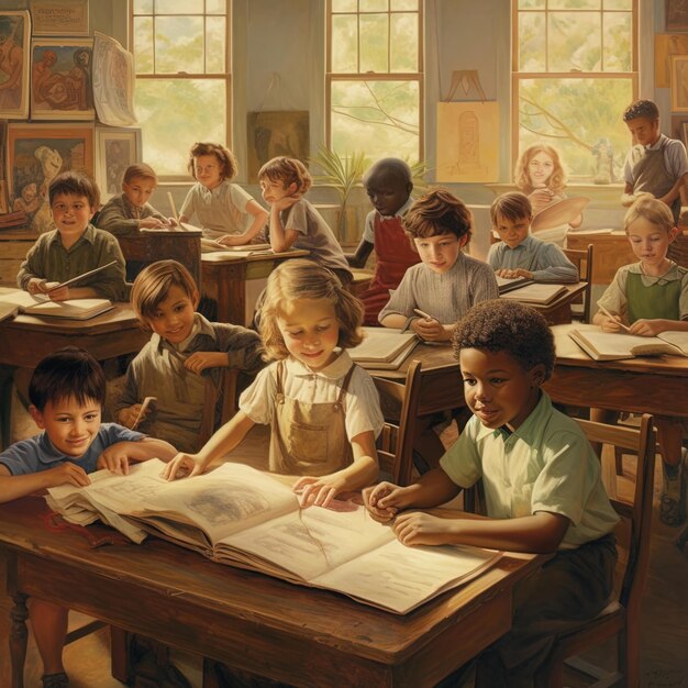 a painting of children reading a book with the word  the  on it