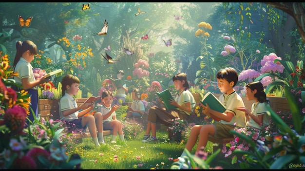 a painting of children reading books in a park