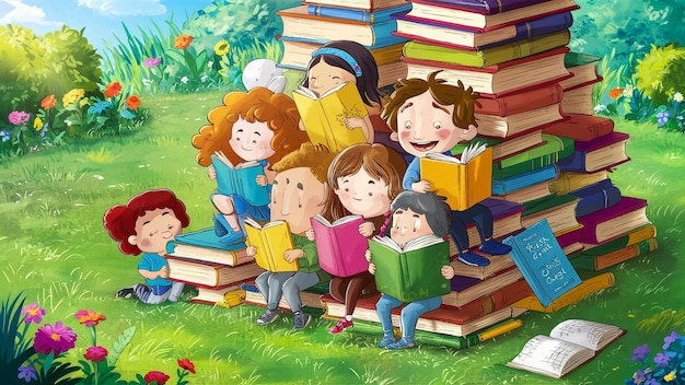 a painting of children reading books with a book titled  the kids