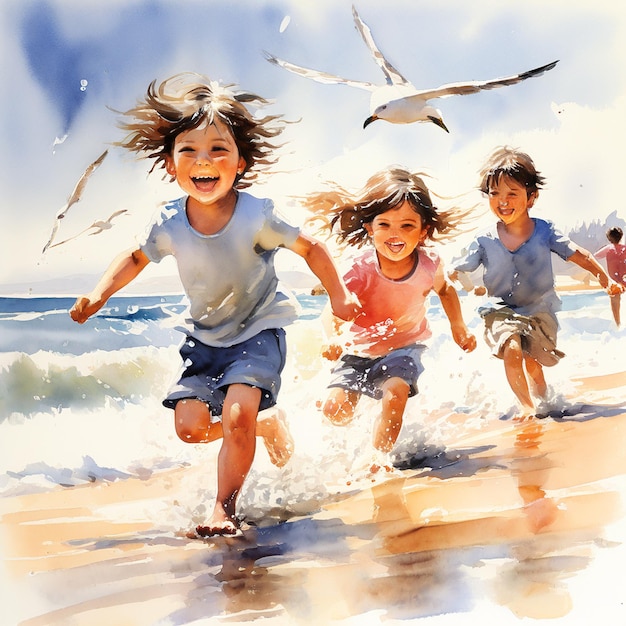 a painting of children running on the beach with birds flying above them