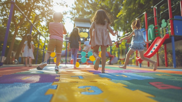 a painting of children running in a park with a picture of a girl and a girl holding hands