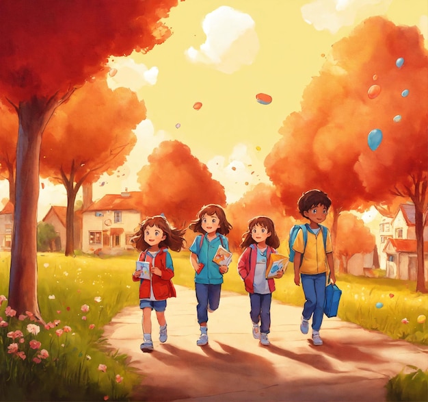 a painting of children walking down a street with a tree in the background