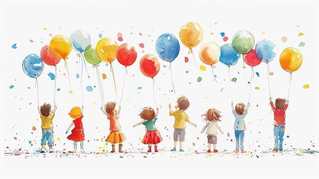 a painting of children with balloons in the background