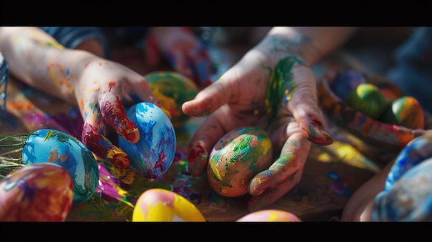 a painting of a childs hands with paint on them