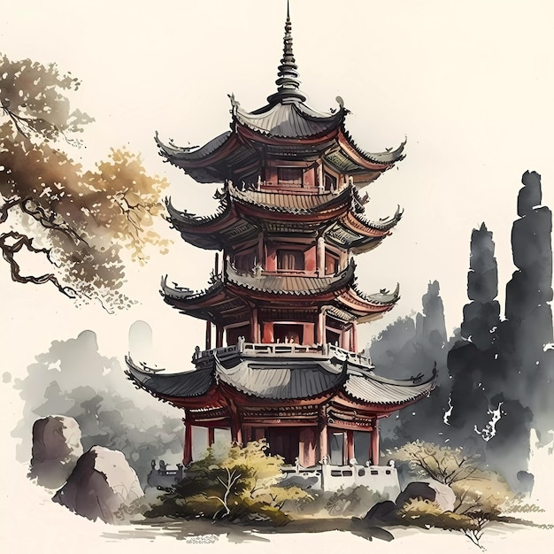 A painting of a chinese pagoda with a tree in the background.