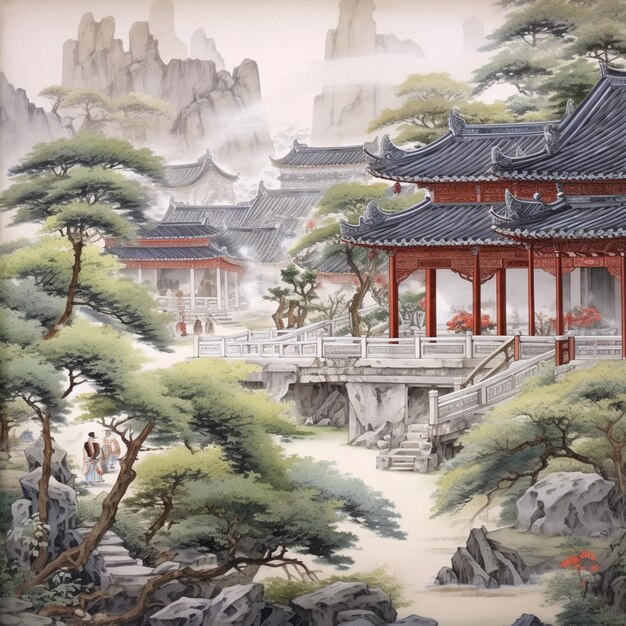 painting of a chinese temple with a bridge and a mountain in the background generative ai