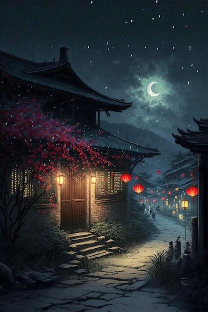 Painting of a chinese village at night generative ai