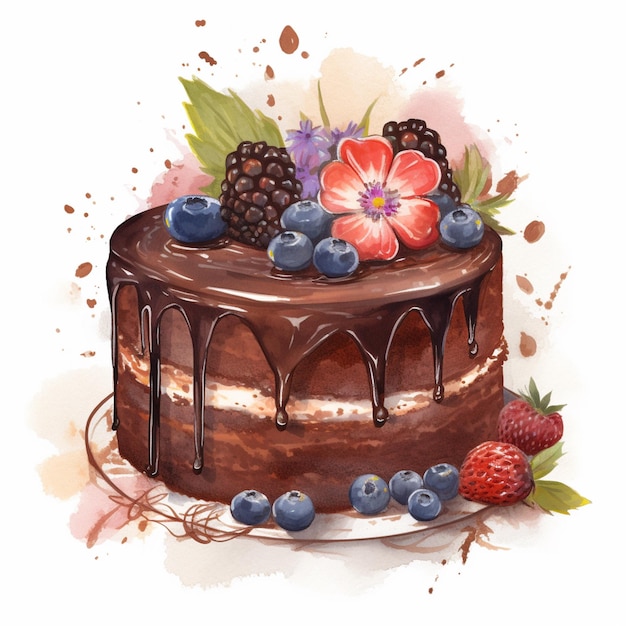 A painting of a chocolate cake with berries on it