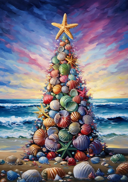 painting of a christmas tree made of shells on a beach generative ai