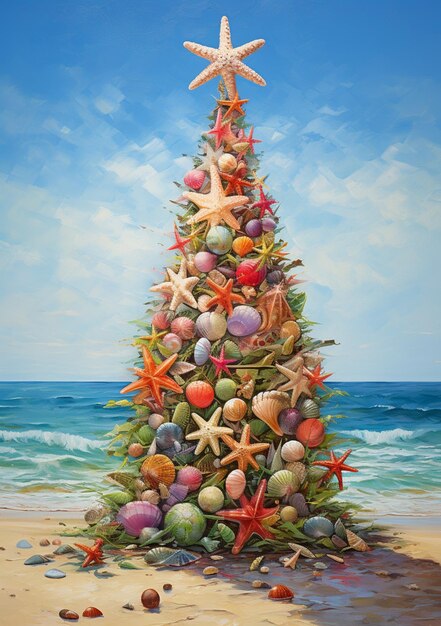 painting of a christmas tree made of shells and starfishs on a beach generative ai