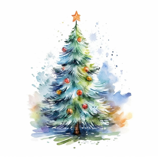 a painting of a christmas tree with ornaments and a star on top generative ai