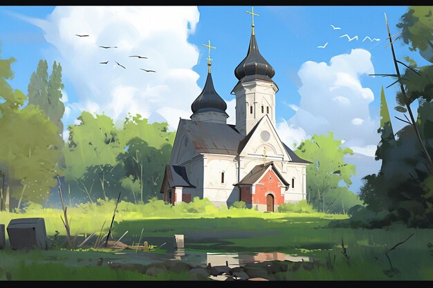 painting of a church in a field with a bird flying overhead generative ai