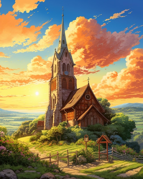 painting of a church on a hill with a sunset in the background generative ai