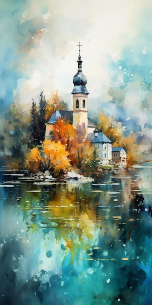 Painting of a church on a small island in the middle of a lake generative ai