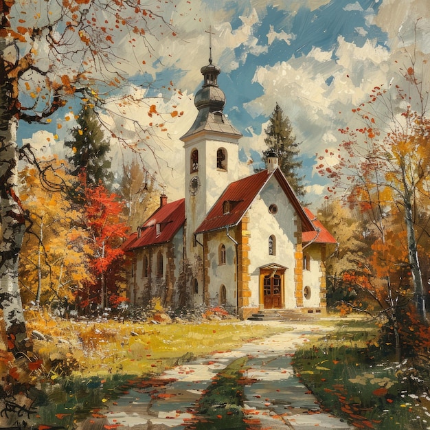 a painting of a church with a church in the background