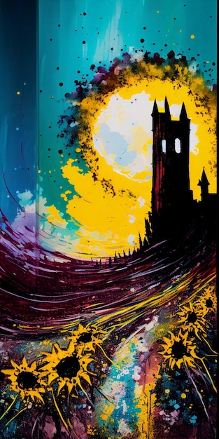 Painting of a church with clock tower in the background generative ai