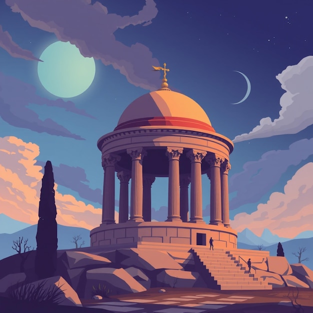 a painting of a church with a moon and stars in the sky