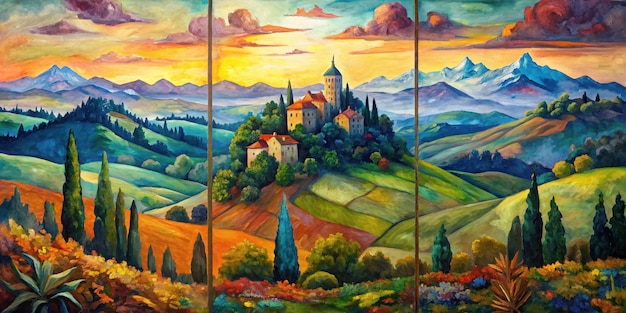 a painting of a church with a mountain landscape in the background