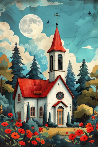 a painting of a church with a red roof and a clock on it