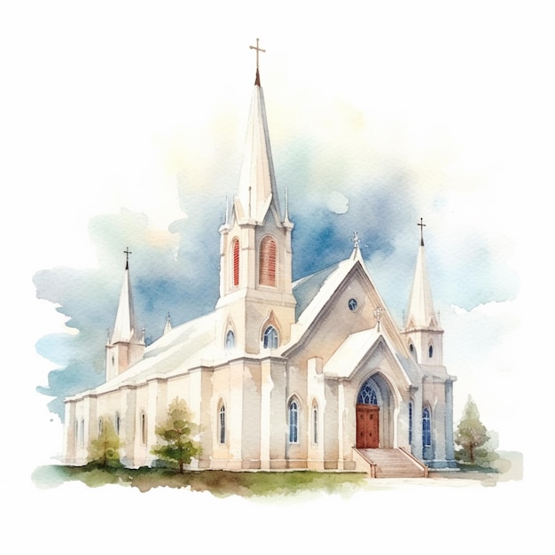 Painting of a church with a steeple and a steeple on the front generative ai