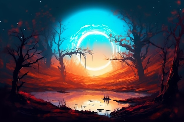 a painting of a circle in the middle of a forest