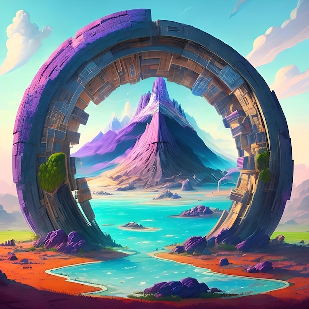 A painting of a circle with a mountain in the background