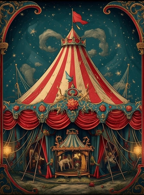 A painting of a circus tent with a blue sky and stars.