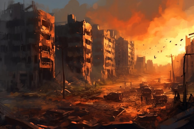 a painting of a city destroyed by a fire