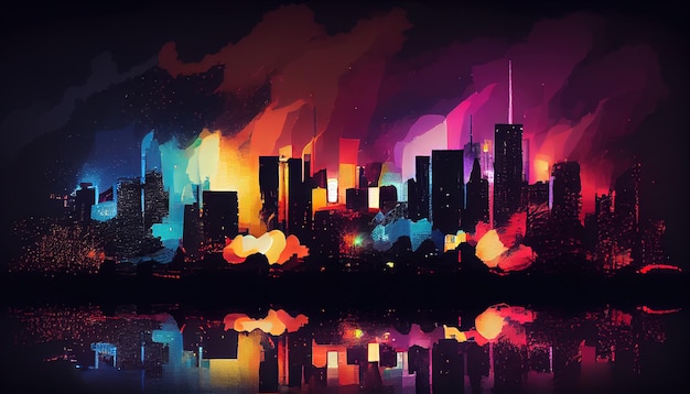 A painting of a city at night with colorful lights generative AI