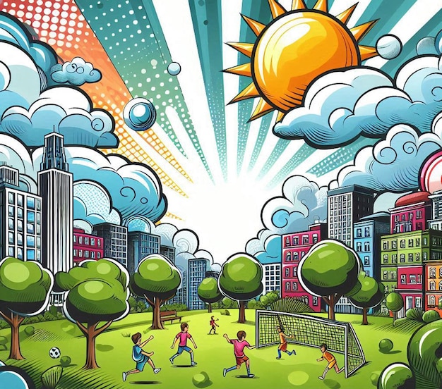 a painting of a city park with people playing soccer