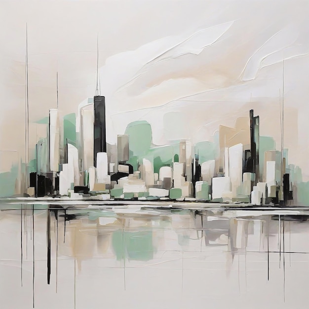 a painting of a city skyline with a city in the background