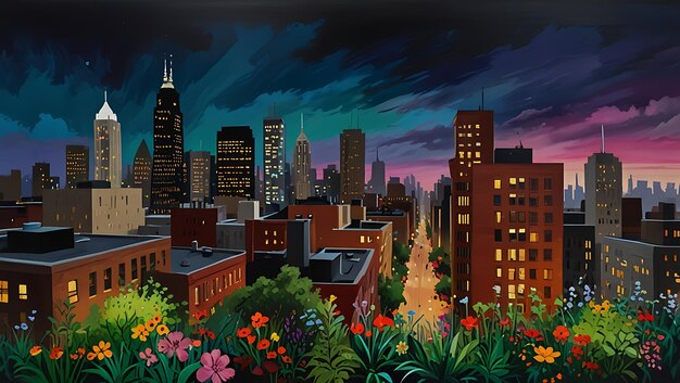 a painting of a city skyline with a city skyline in the background