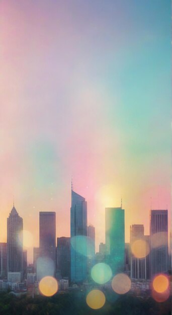 Photo a painting of a city skyline with a green and purple background