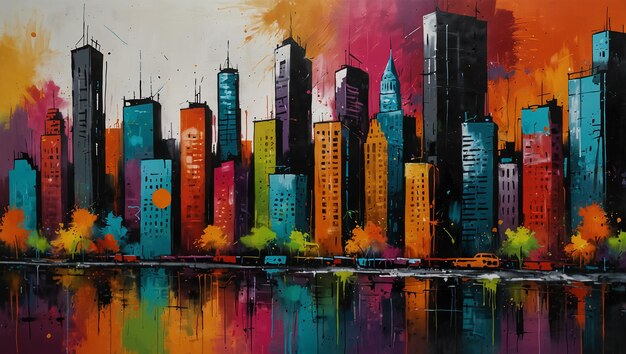 a painting of a city skyline with a lot of colors