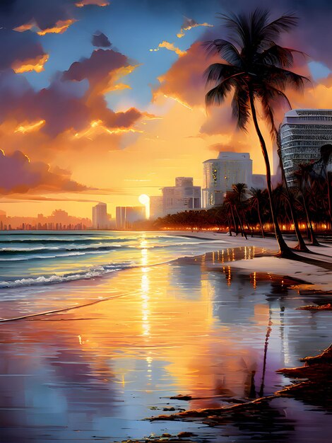 a painting of a city skyline with palm trees and a city in the background