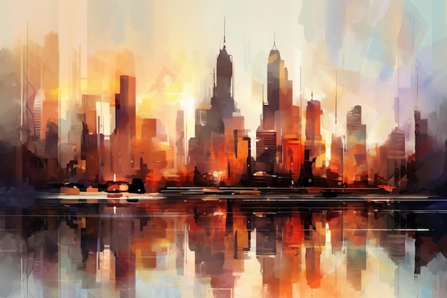 a painting of a city skyline with a reflection in the water