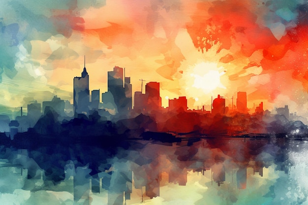 painting of a city skyline with a sunset in the background generative ai