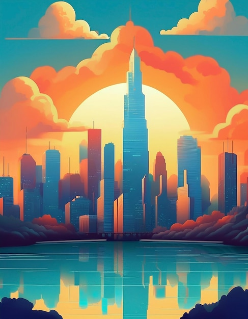 a painting of a city skyline with a sunset in the background