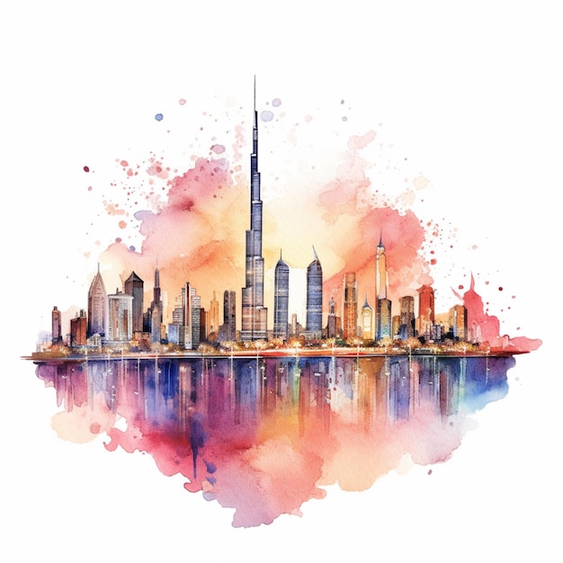 A painting of a city skyline with a watercolor splash effect generative ai