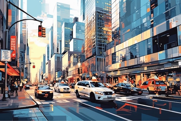 a painting of a city street with cars A portrayal of a bustling urban city scene featuring various vehicles on the street