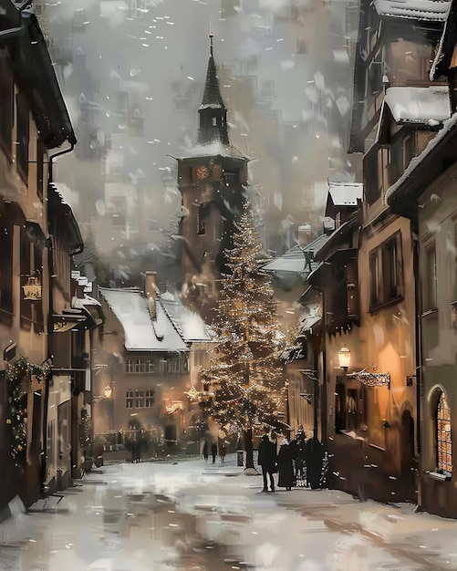 Photo a painting of a city street with a christmas tree in the background